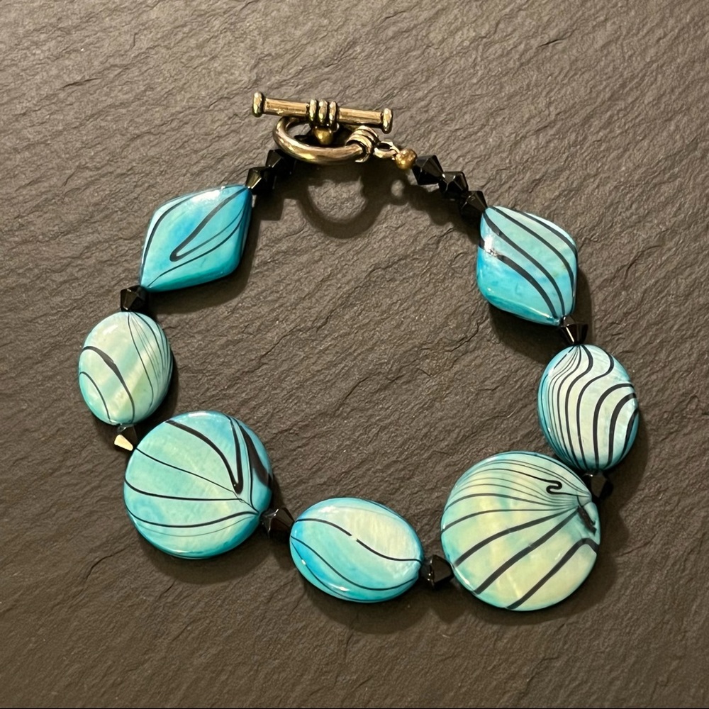 Handmade Lampwork Glass Geometric 8.5” Teal Bracelet